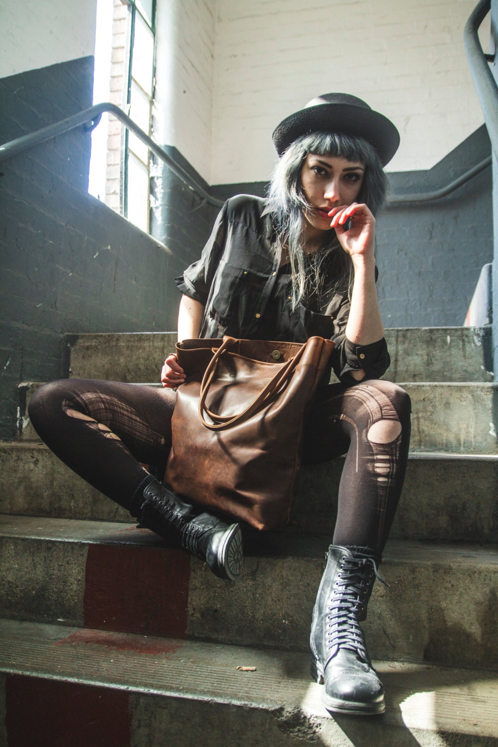 The Distressed Brown Leather Tote, Shopper Bag