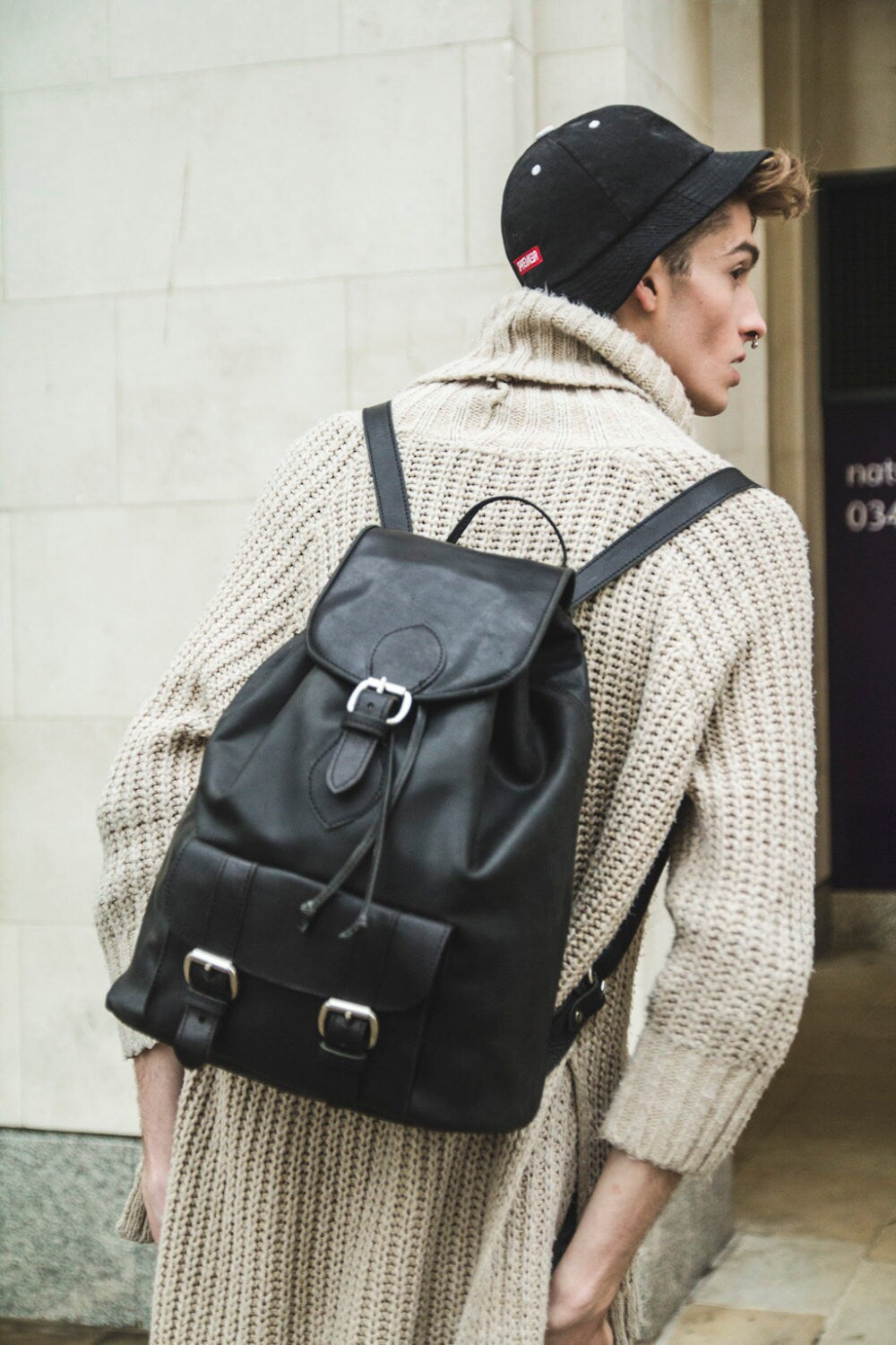 Premium Black Rucksack Backpack In Hunter Leather