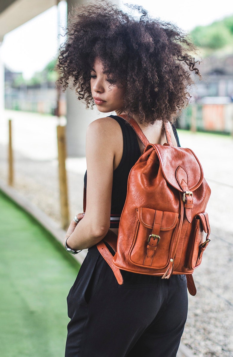 80's Style Safari Rucksack | Genuine Leather Bohemian Backpack | Orange