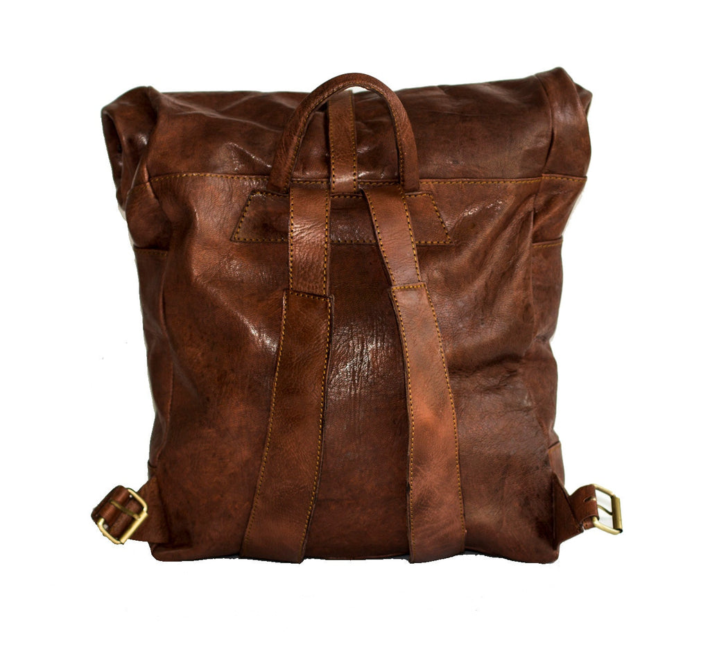Distressed Leather Traveller's Rucksack Backpack With Roll Top
