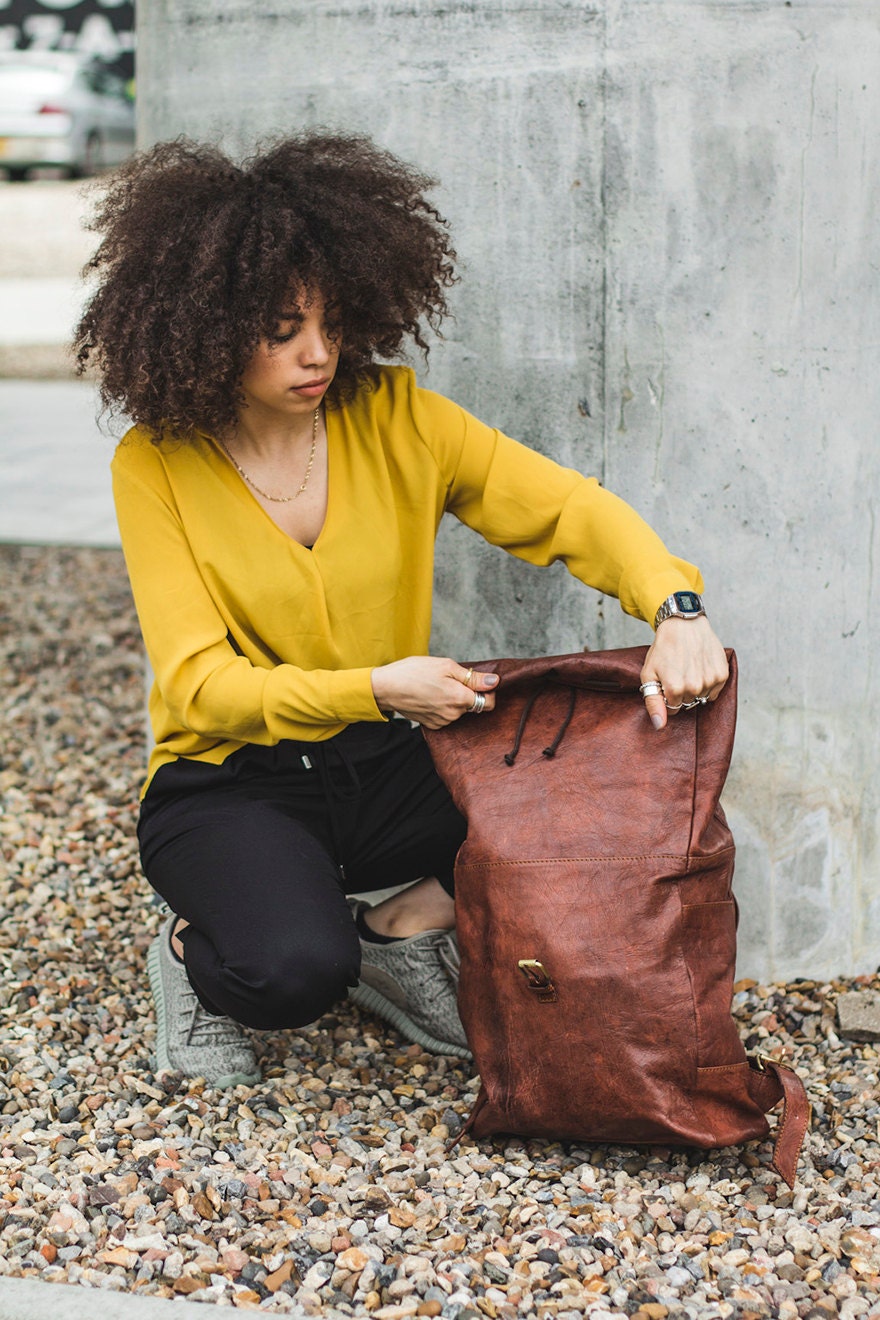 Distressed Leather Traveller's Rucksack Backpack With Roll Top
