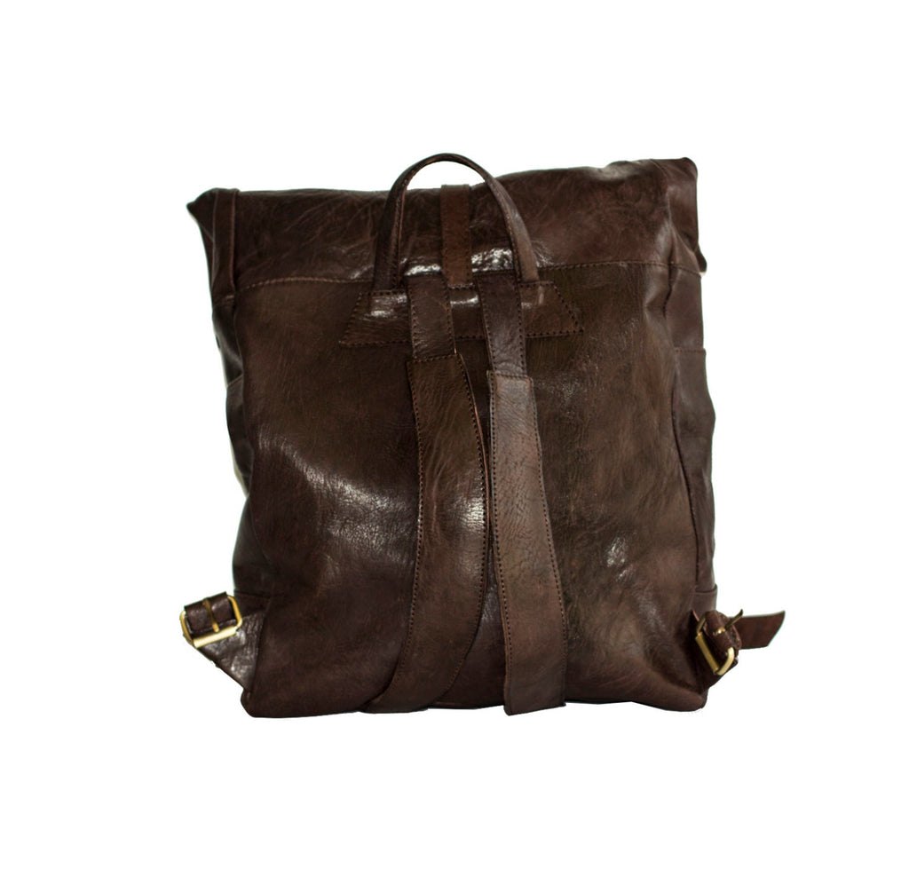 Brown Leather Traveller's Rucksack Backpack With Roll Top