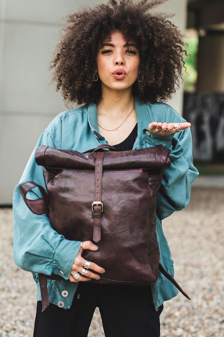 Brown Leather Traveller's Rucksack Backpack With Roll Top