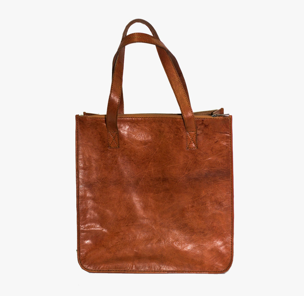 Tan Orange Leather Tote Shopper Bag