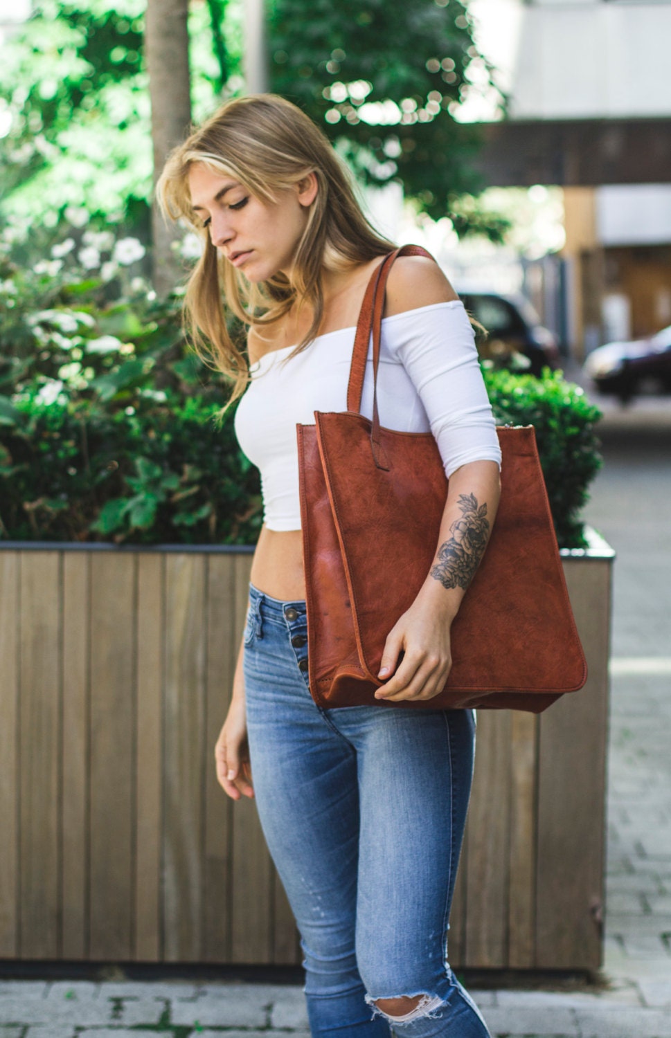 Tan Orange Leather Tote Shopper Bag