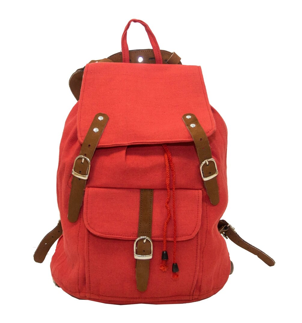 Leather And Jute Rucksack Backpack In Red