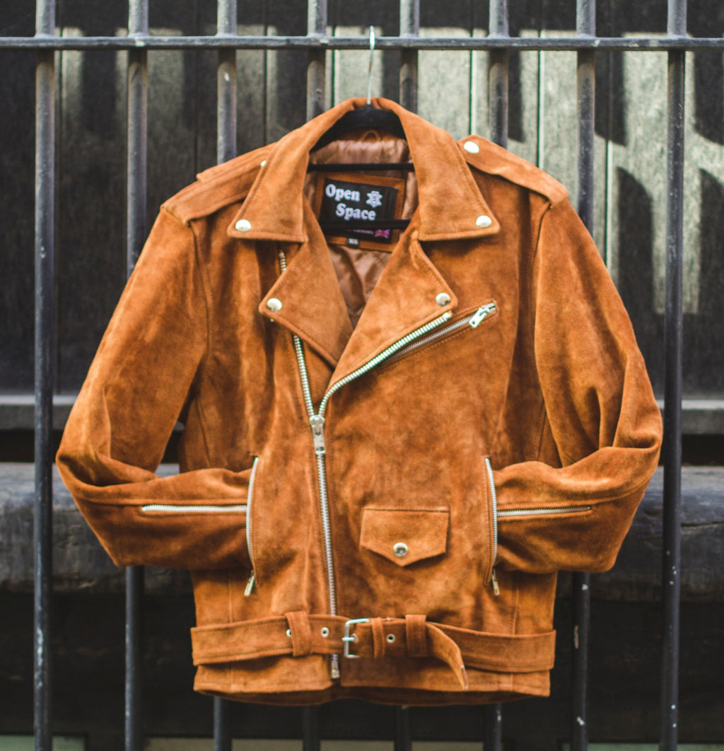 Tan Suede Biker Jacket With Zipper