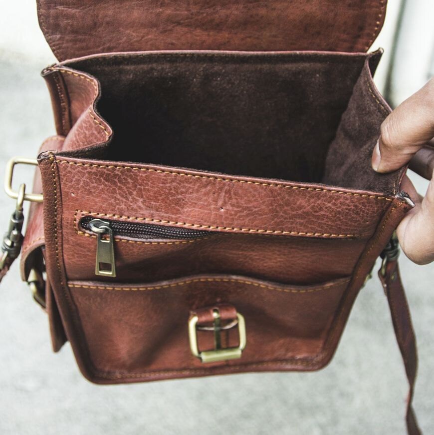 Professional Camera Bag In Brown Gloss Leather