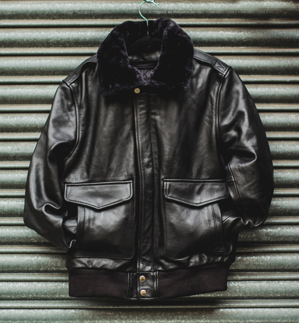 Black Leather & Shearling Collar G-1 Pilot Aviator Jacket (Removable Double Breasted)