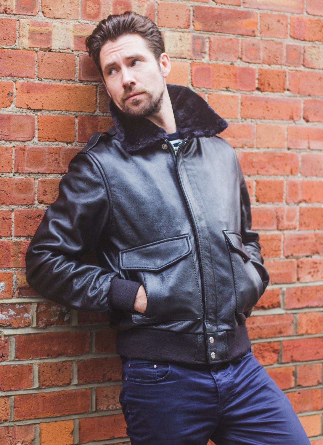 Black Leather & Shearling Collar G-1 Pilot Aviator Jacket (Removable Double Breasted)