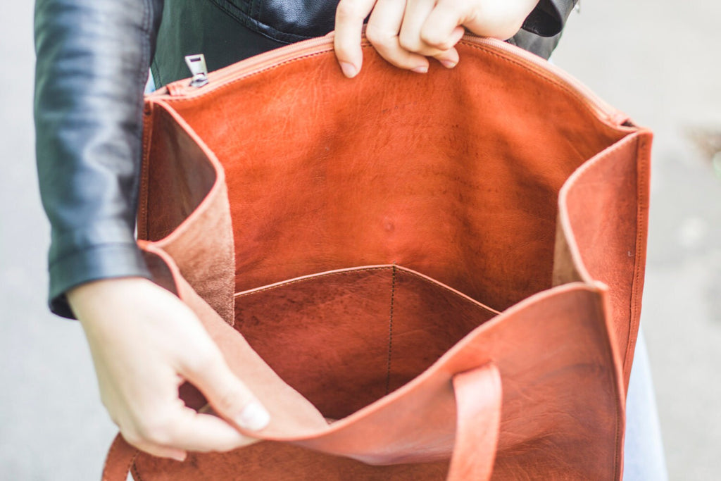 Tan Orange Leather Tote Shopper Bag