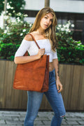 Tan Orange Leather Tote Shopper Bag