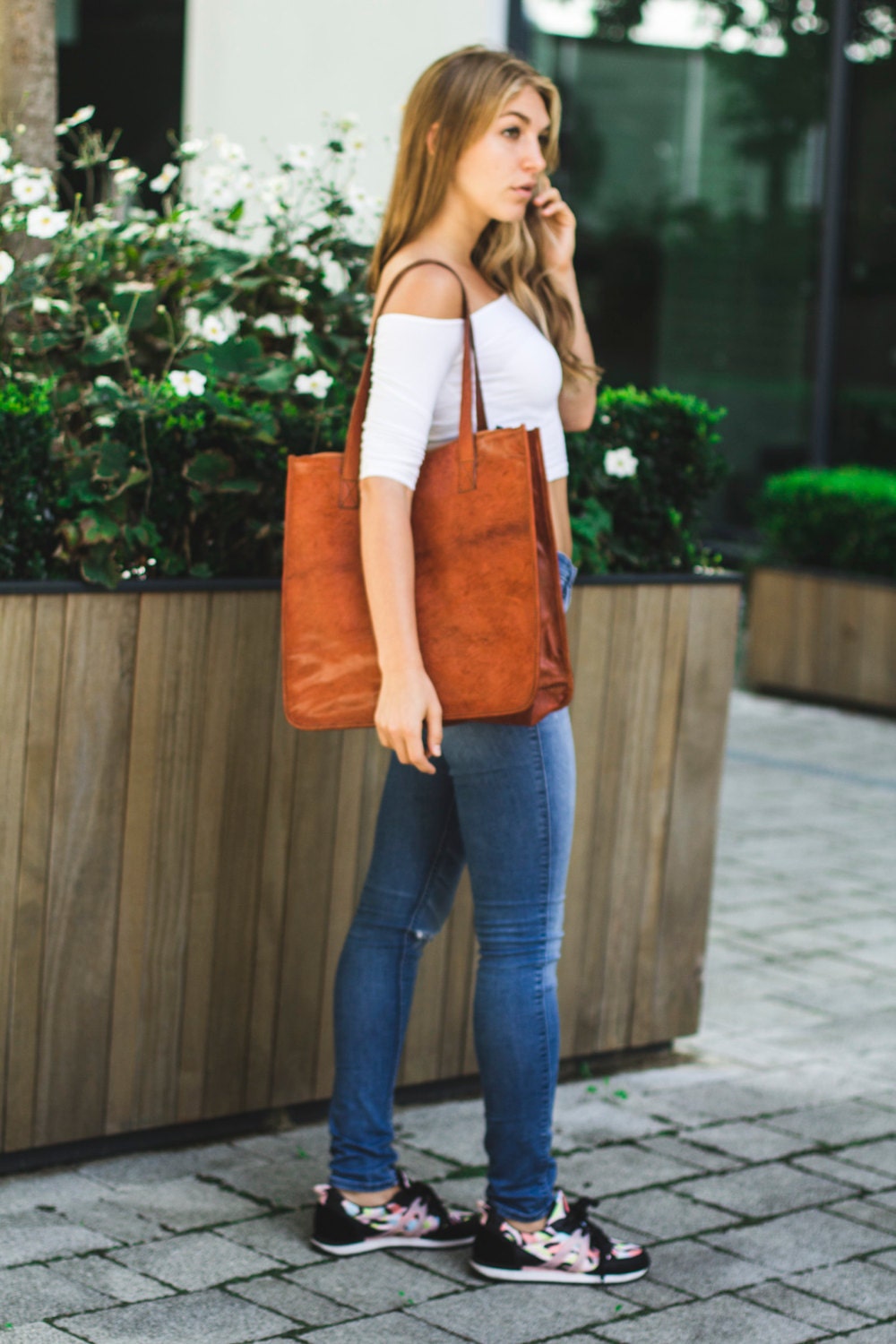 Tan Orange Leather Tote Shopper Bag