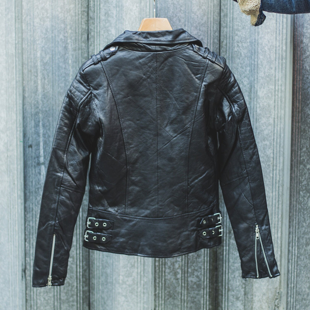 Soft Black Leather Biker Jacket With Quilted Arm Sleeves