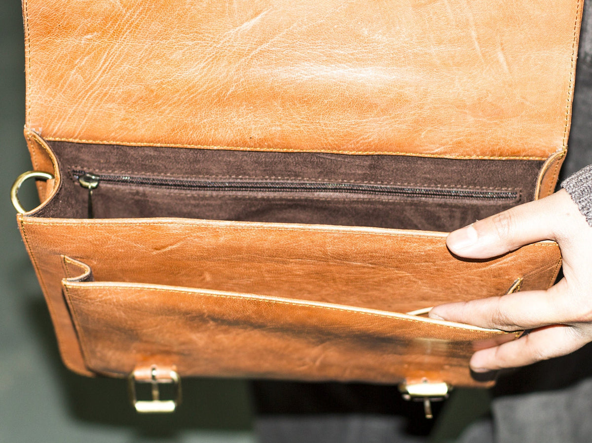 Tan Leather Laptop Messenger Bag Work Satchel