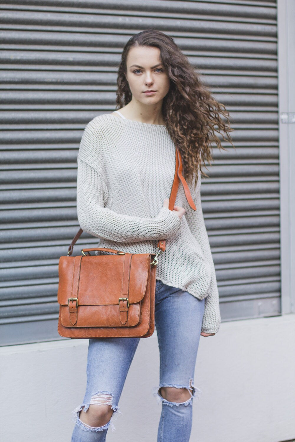 Tan Leather Laptop Messenger Bag Work Satchel