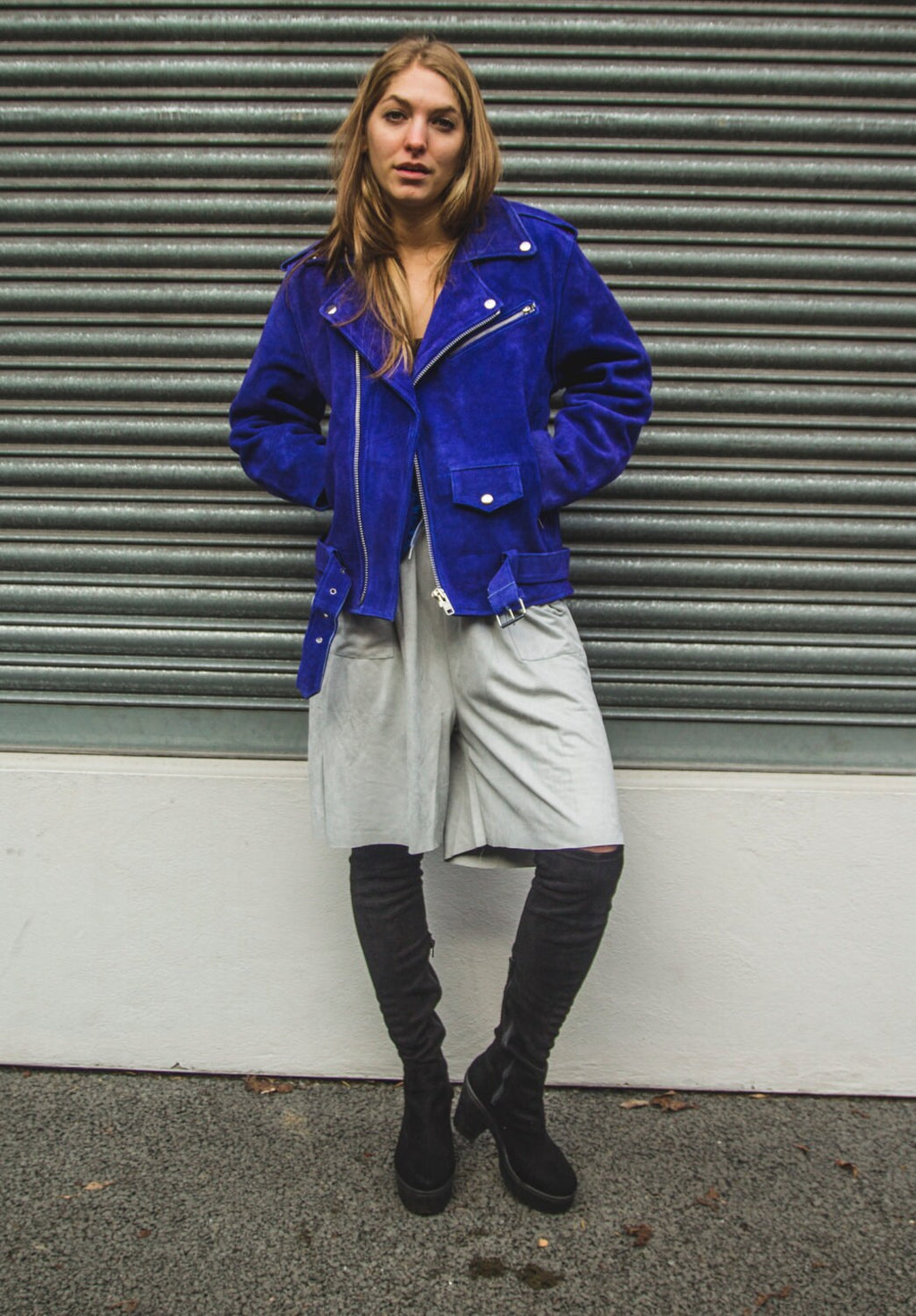Blue Cobalt Suede Biker Jacket In Oversized Fit