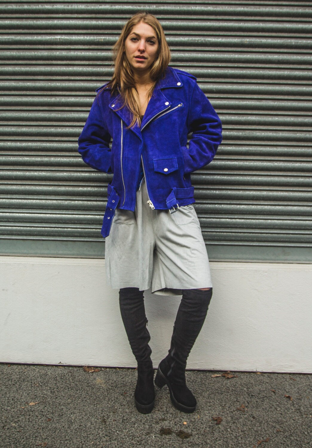 Blue Cobalt Suede Biker Jacket In Oversized Fit