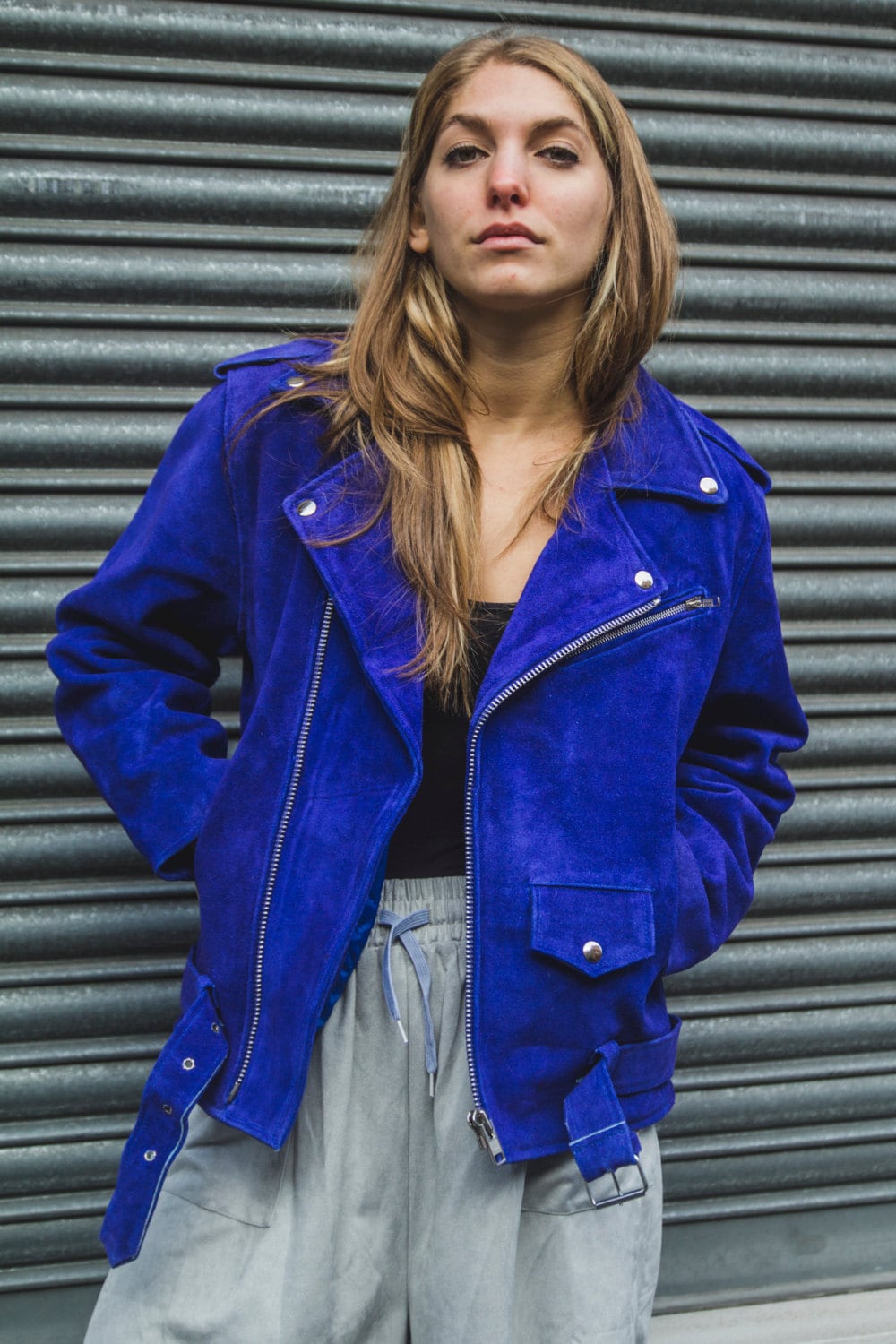 Blue Cobalt Suede Biker Jacket In Oversized Fit