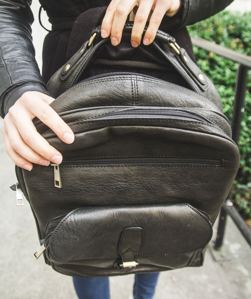 Black Leather Office Backpack With Internal Padding