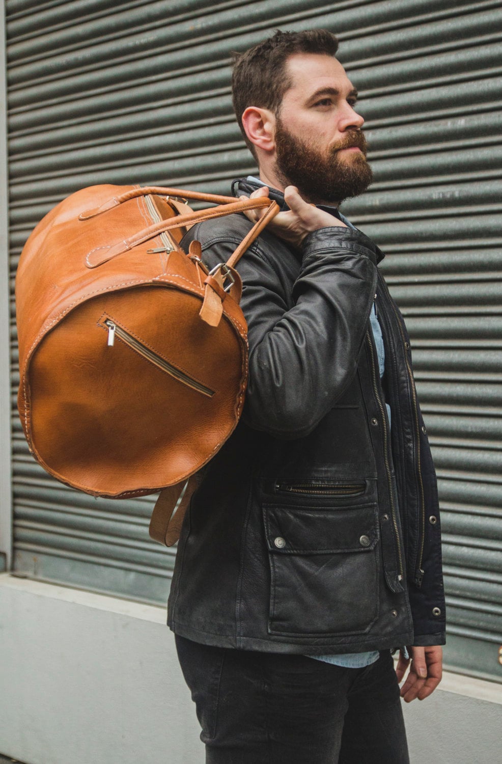 Tan Brown Leather Duffle Bag | Holdall | Cylinder Shape
