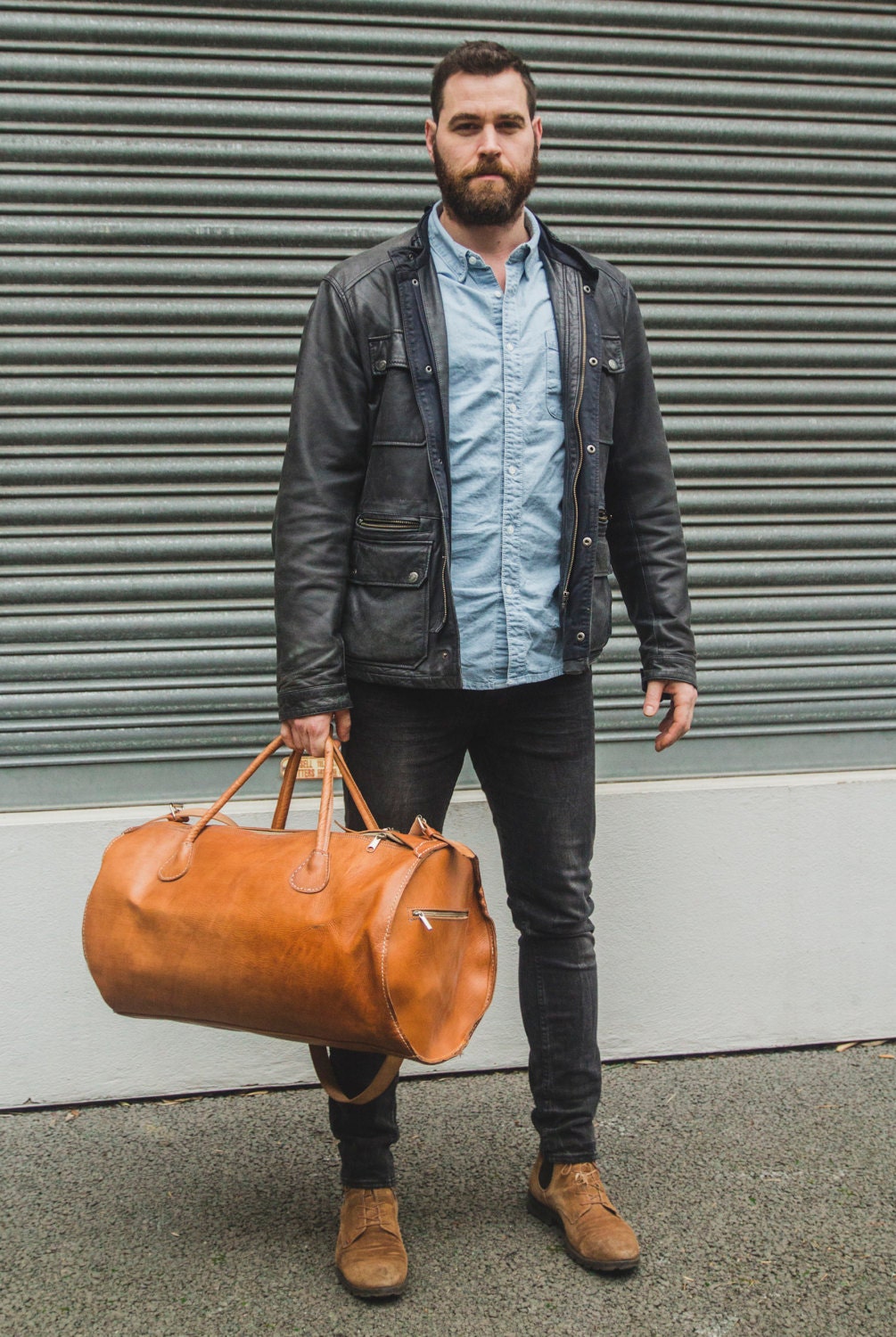 Tan Brown Leather Duffle Bag | Holdall | Cylinder Shape
