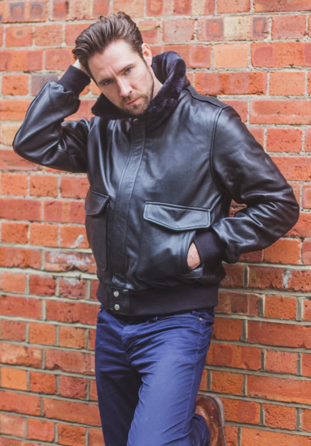 Black Leather & Shearling Collar G-1 Pilot Aviator Jacket (Removable Double Breasted)