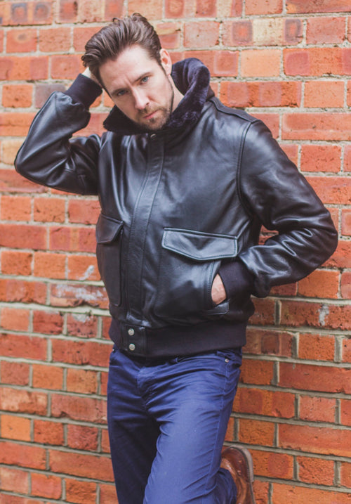 Black Leather & Shearling Collar G-1 Pilot Aviator Jacket (Removable Double Breasted)