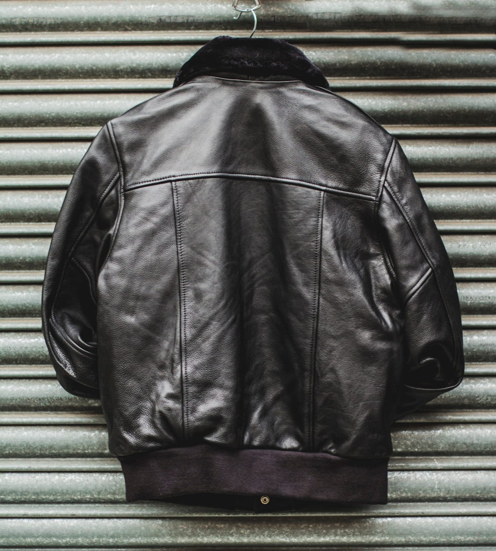 Black Leather & Shearling Collar G-1 Pilot Aviator Jacket (Removable Double Breasted)
