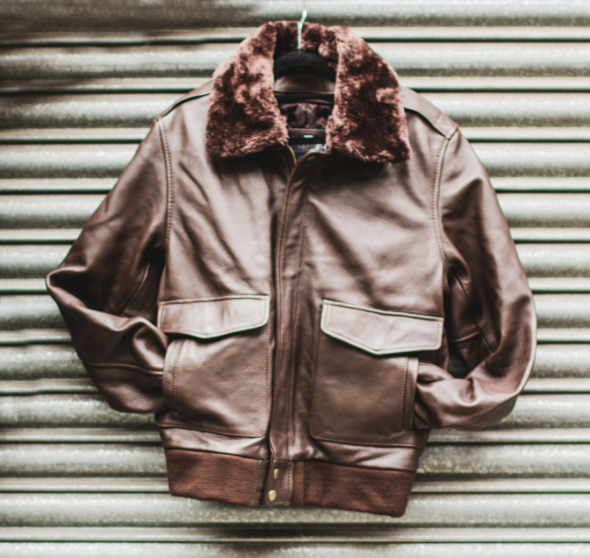 Brown Leather & Shearling Collar G-1 Pilot Aviator Jacket (Removable Double Breasted)
