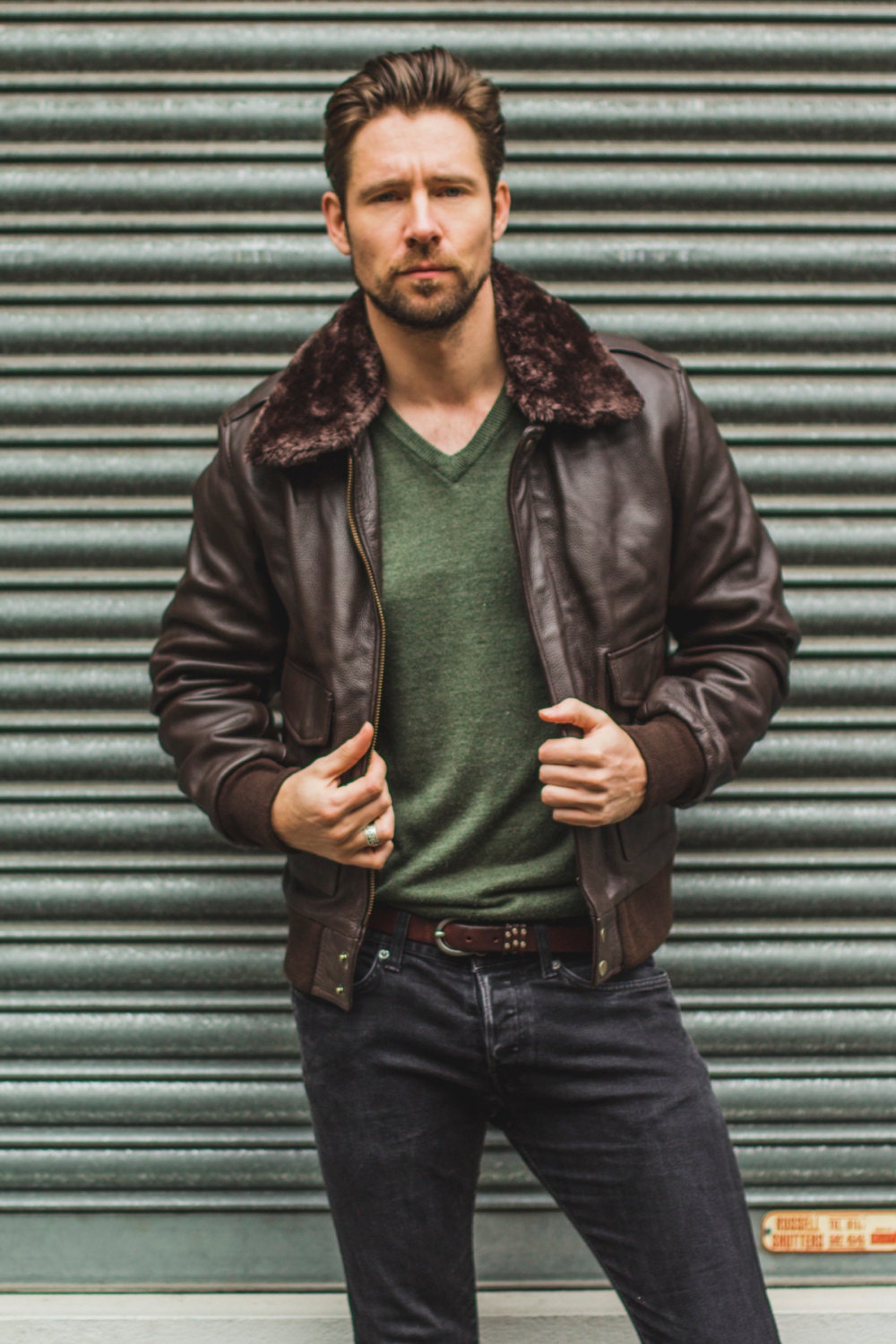 Brown Leather & Shearling Collar G-1 Pilot Aviator Jacket (Removable Double Breasted)