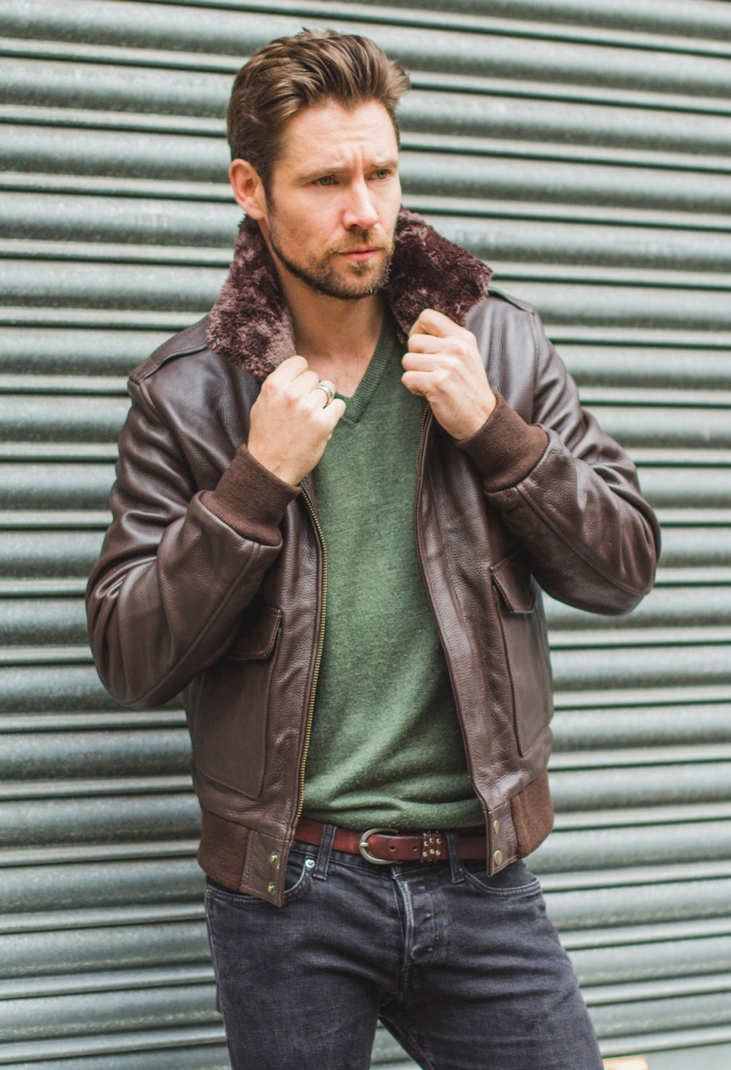 Brown Leather & Shearling Collar G-1 Pilot Aviator Jacket (Removable Double Breasted)