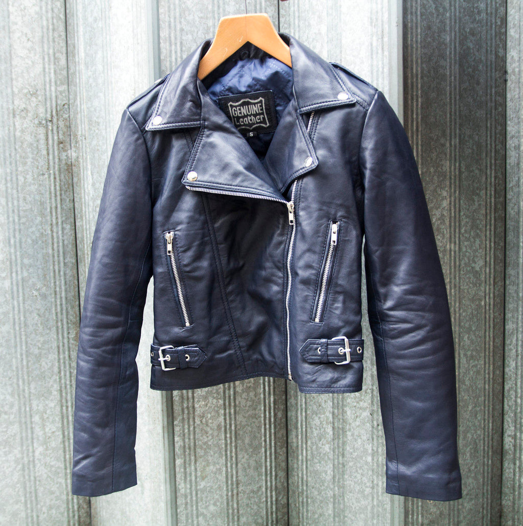 Soft Leather Biker Jacket In Navy Blue
