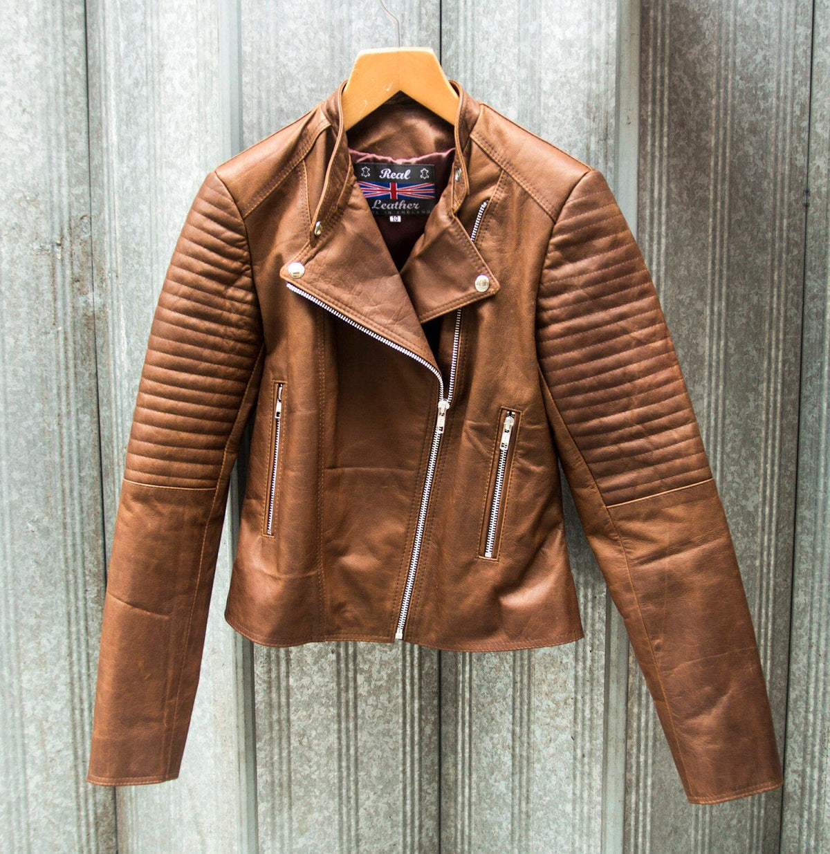 Soft Coco Leather Biker Jacket WIth Quilted Arm Sleeves