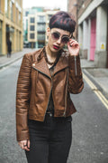 Soft Coco Leather Biker Jacket WIth Quilted Arm Sleeves