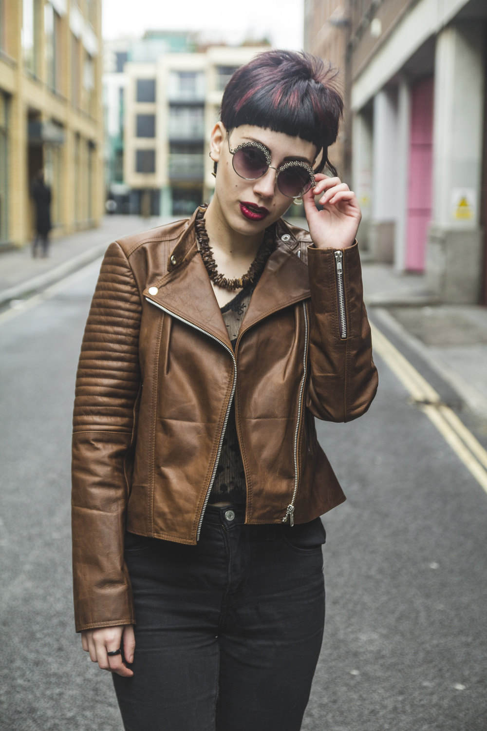 Soft Coco Leather Biker Jacket WIth Quilted Arm Sleeves