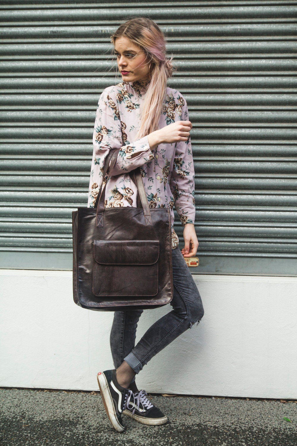 Brown Leather Tote Shopper Bag With Front Book Pocket