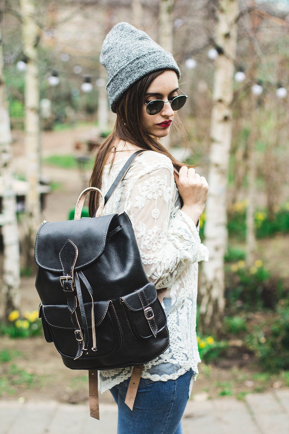 Black Leather Rucksack Hand Made Boho Style