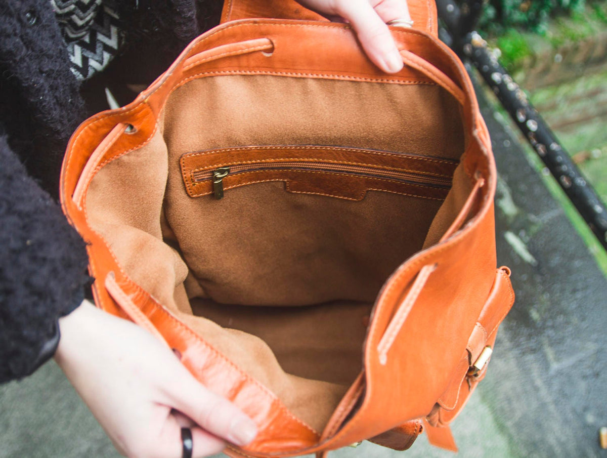 Tan Orange Leather Rucksack Backpack Soft