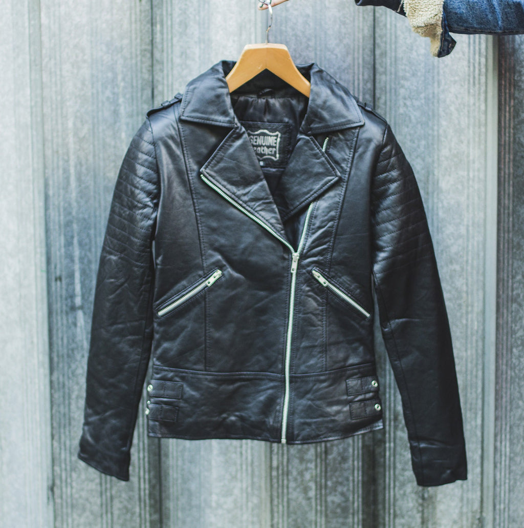 Soft Black Leather Biker Jacket With Quilted Arm Sleeves