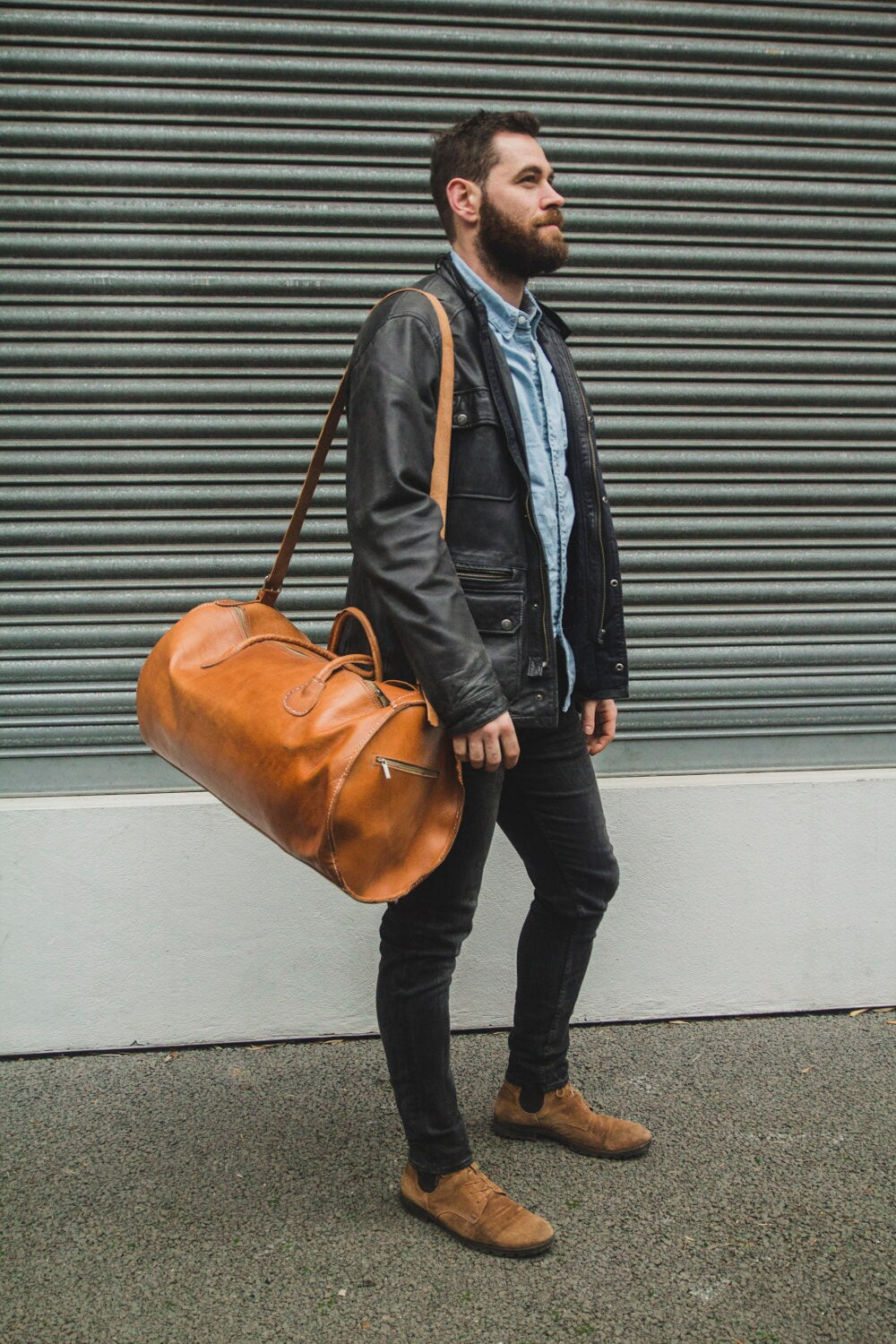 Tan Brown Leather Duffle Bag | Holdall | Cylinder Shape