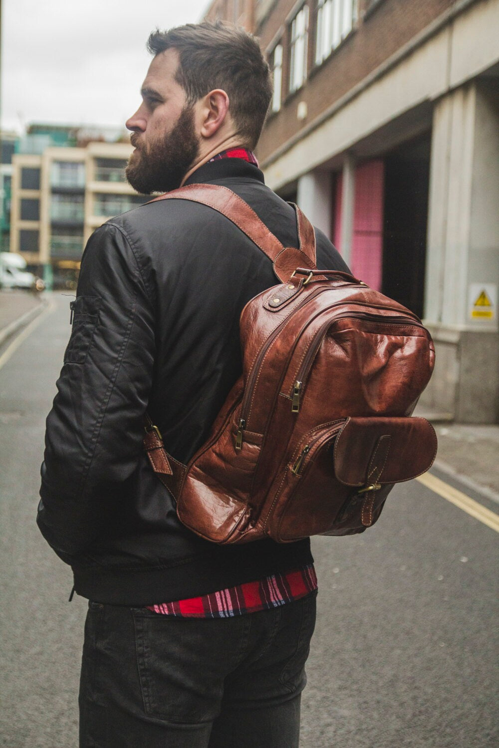 Textured Brown Gloss Leather Office Backpack | Work Rucksack