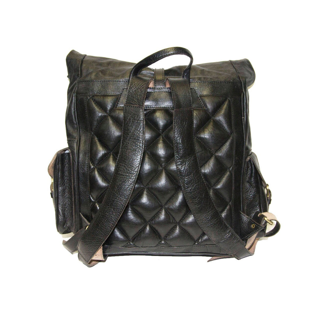 Roll Top Black Leather Rucksack With Padded Quilted Back