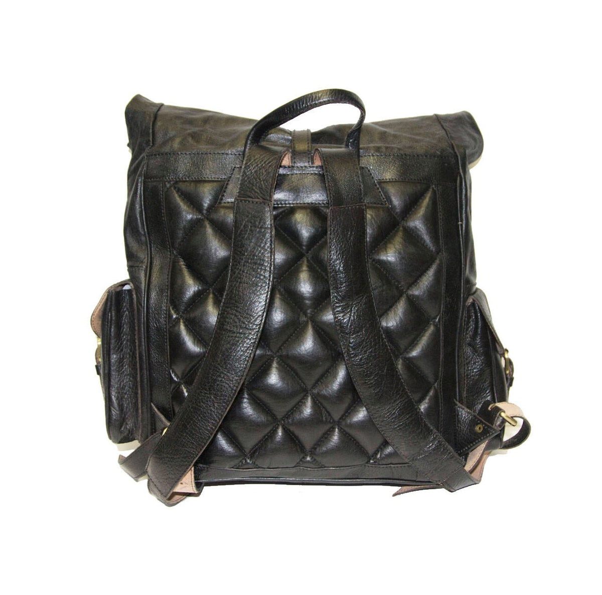 Roll Top Black Leather Rucksack With Padded Quilted Back