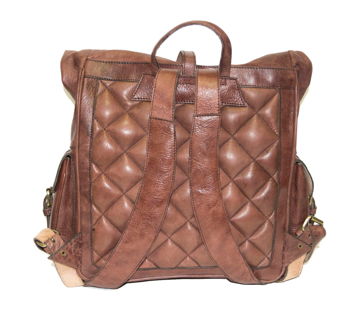 Leather Rucksack With Roll Top And Soft Quilted Back In Brown