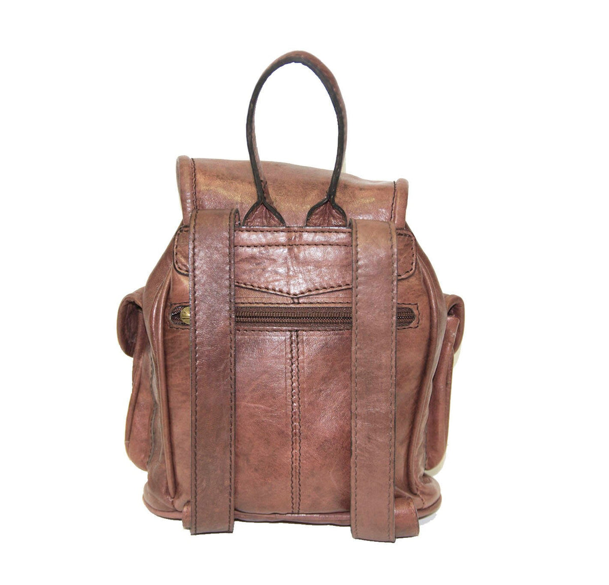 80's Style Mini Rucksack Backpack | Stressed Brown Gloss Leather