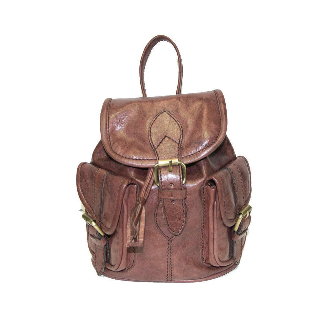 80's Style Mini Rucksack Backpack | Stressed Brown Gloss Leather
