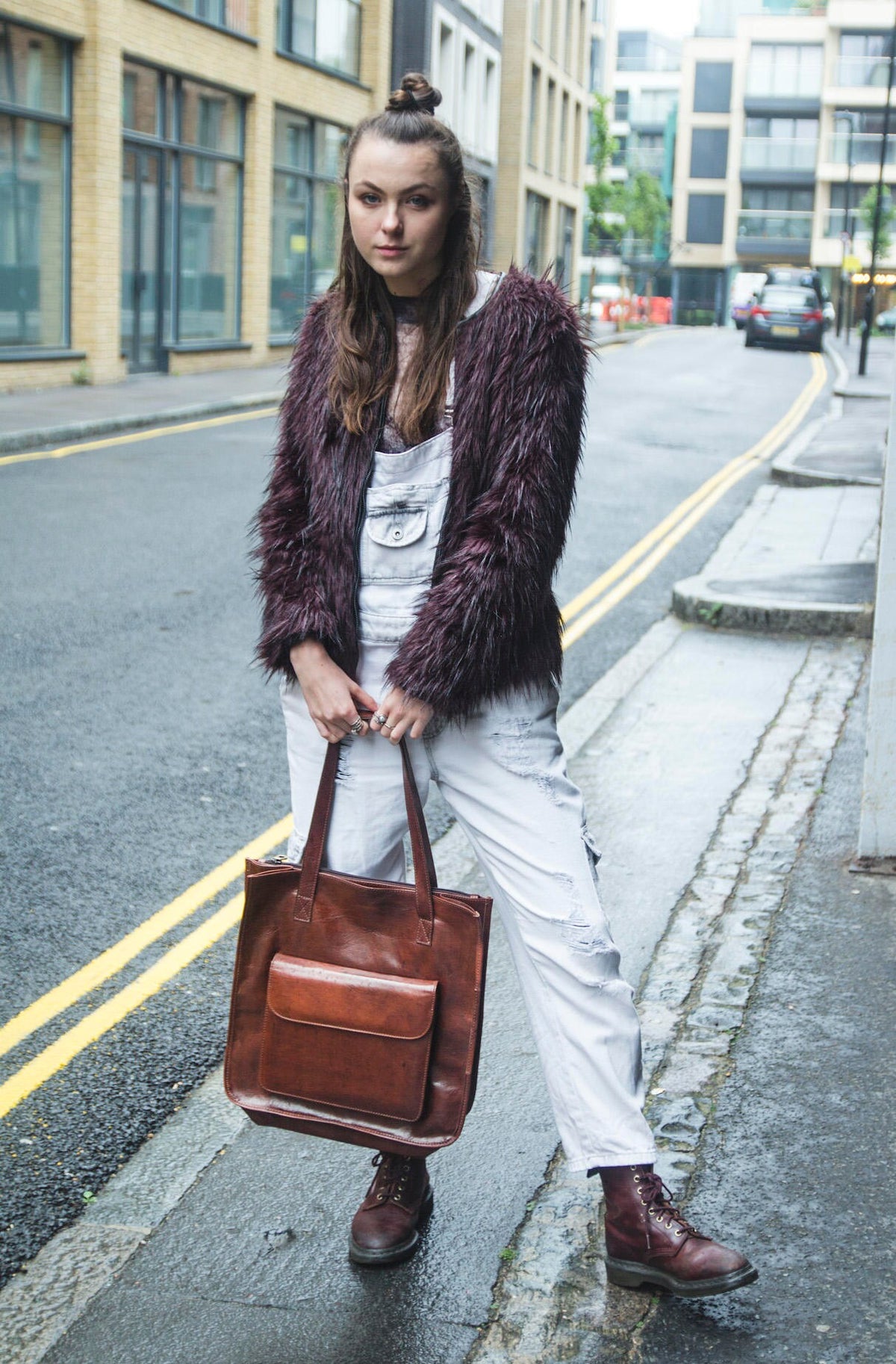 Stressed Brown Leather Shopper Tote Bag