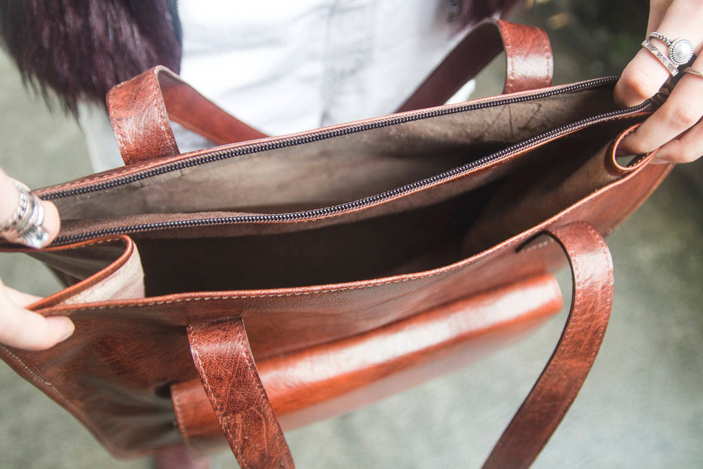 Stressed Brown Leather Shopper Tote Bag