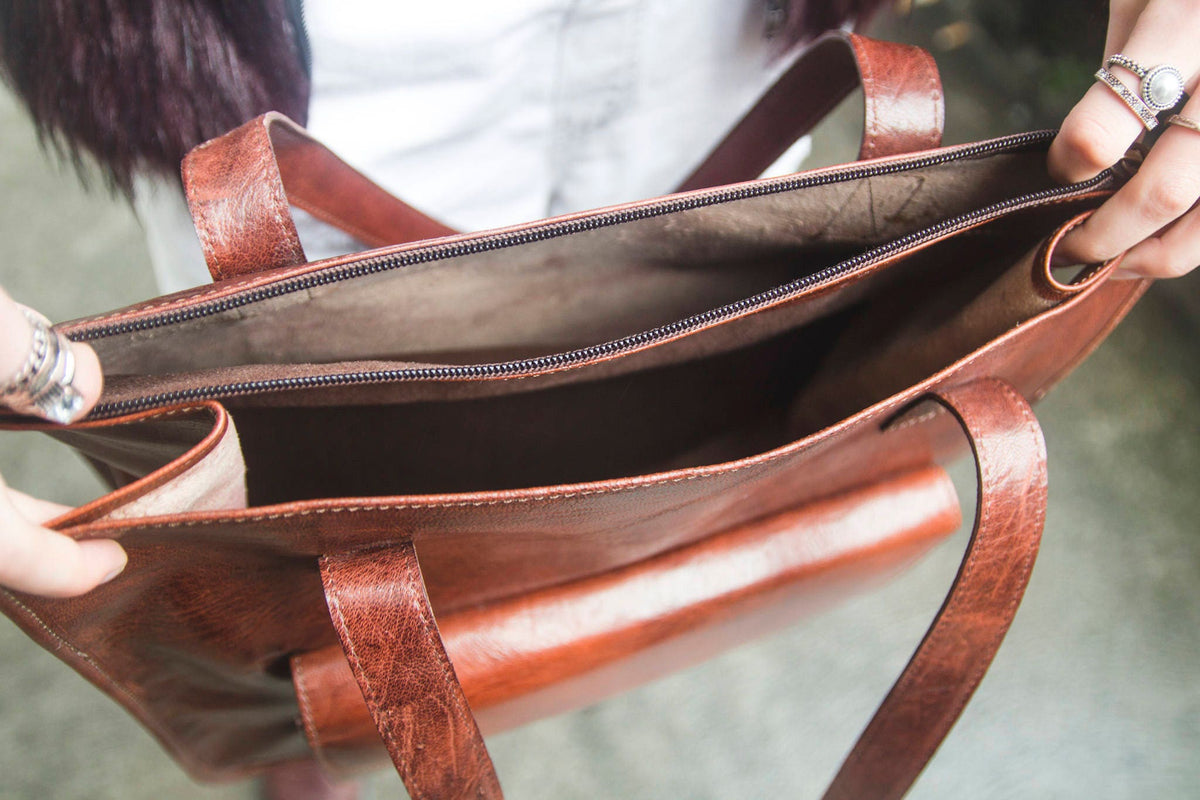 Stressed Brown Leather Shopper Tote Bag